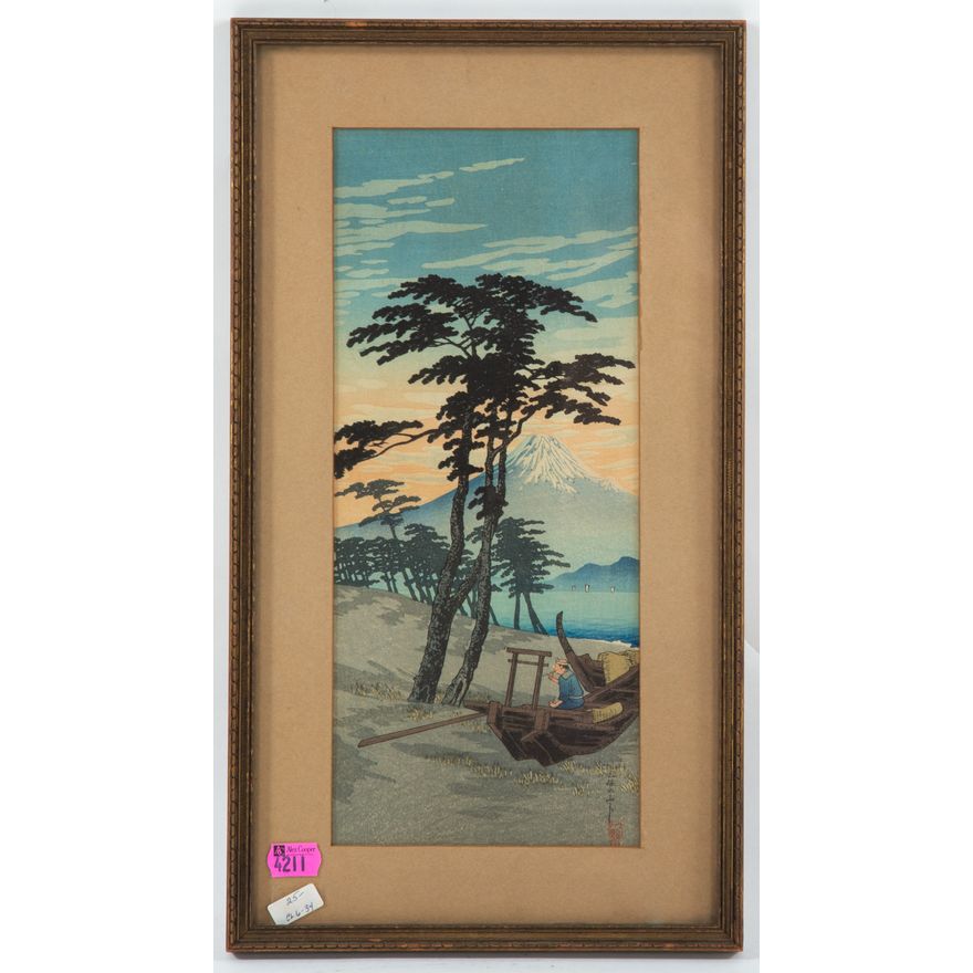 Japanese Woodblock Print with a View of Mt. Fiji