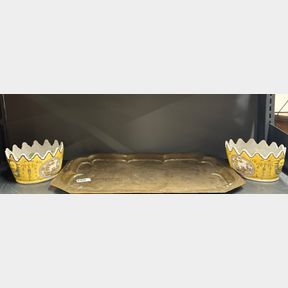 A 19thC engraved Persian brass tray, W. 50cm. Together with a pair of Chinese export porcelain wine glass coolers, W. 13cm.