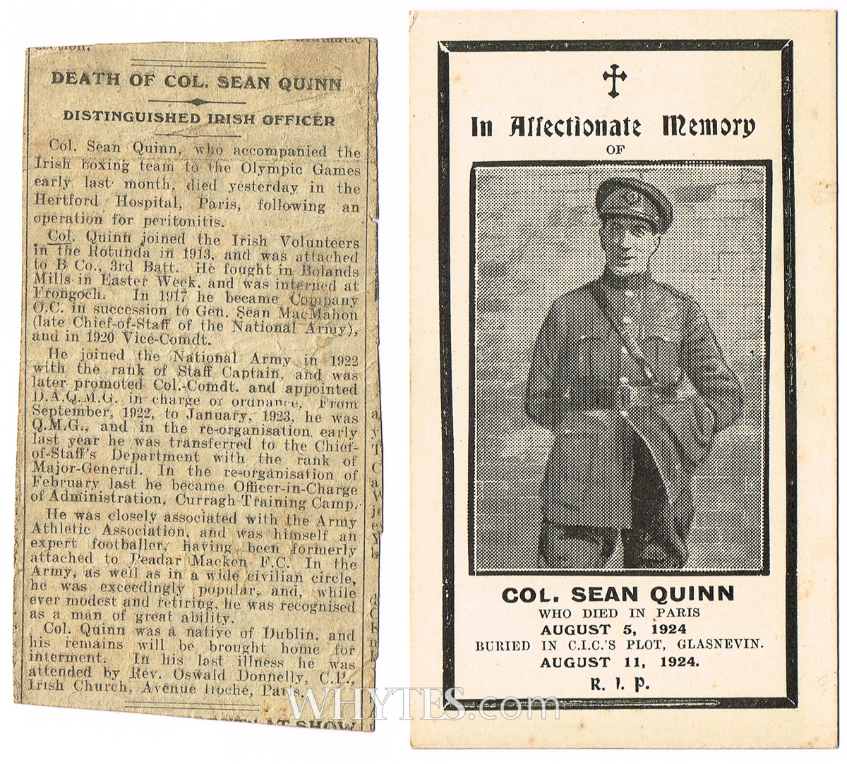1924 (5 August) In Memoriam card for Colonel Seán Quinn. | Whyte's