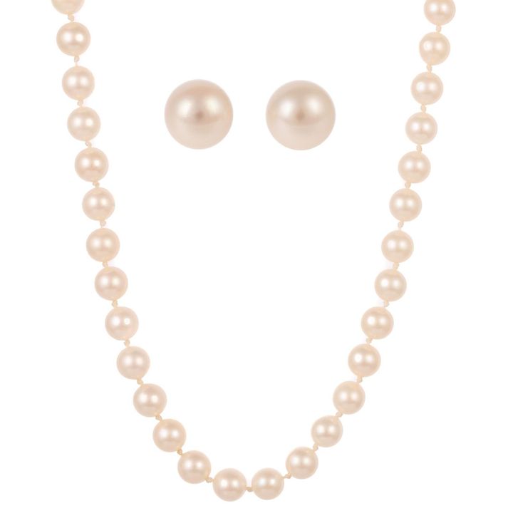 A Princess Length Pearl Strand & Earrings in 14K