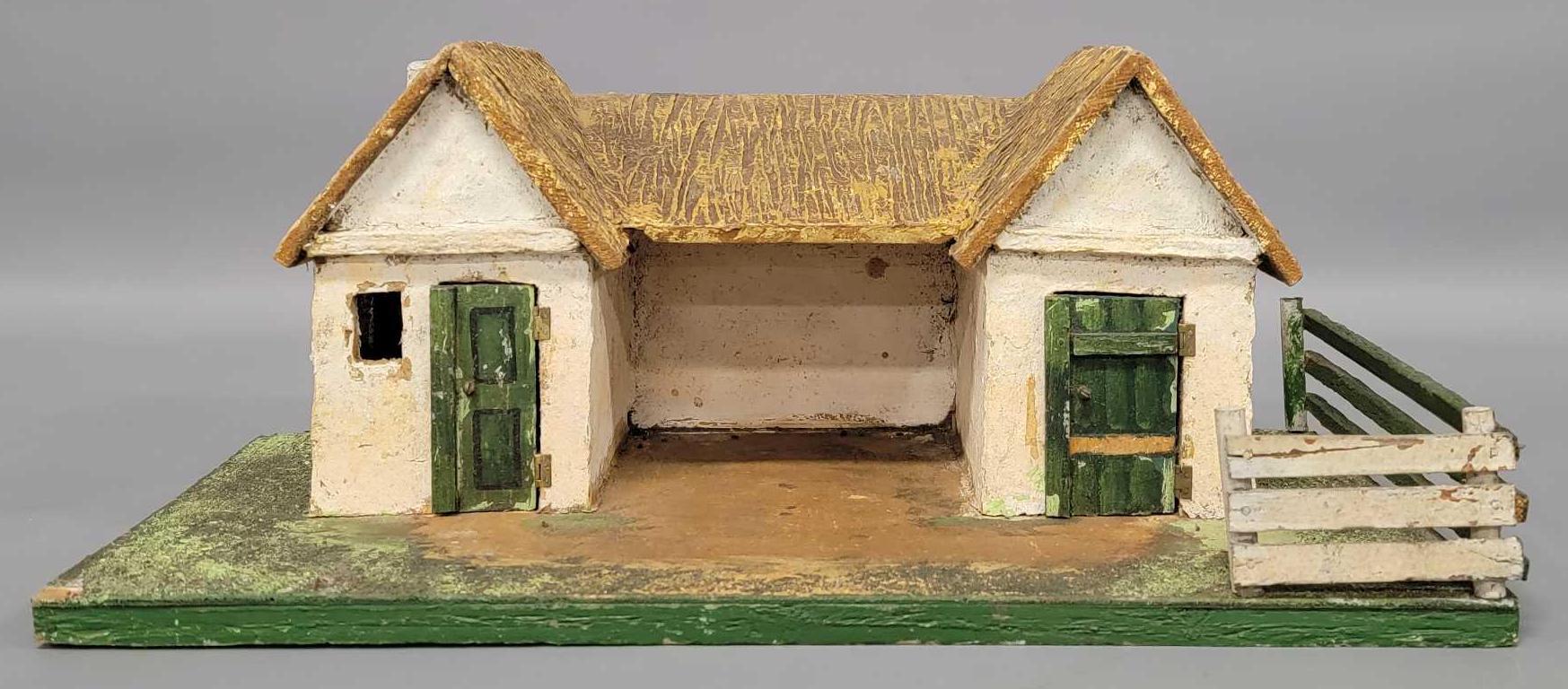 1930s wood and composition hand made farm house for Christmas snow