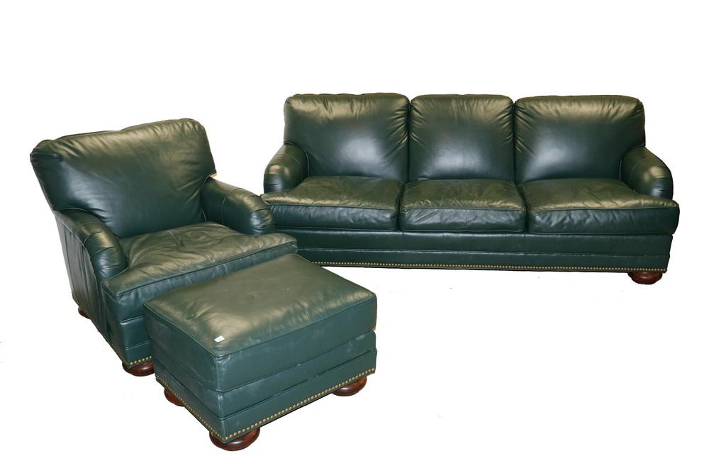 3 Pc Set Green Leather Sofa Armchair, Leather Sofa And Ottoman Set