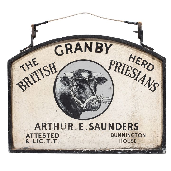 An English iron and sheet metal advertising two-sided dairy or livestock farm sign: The Granby Herd