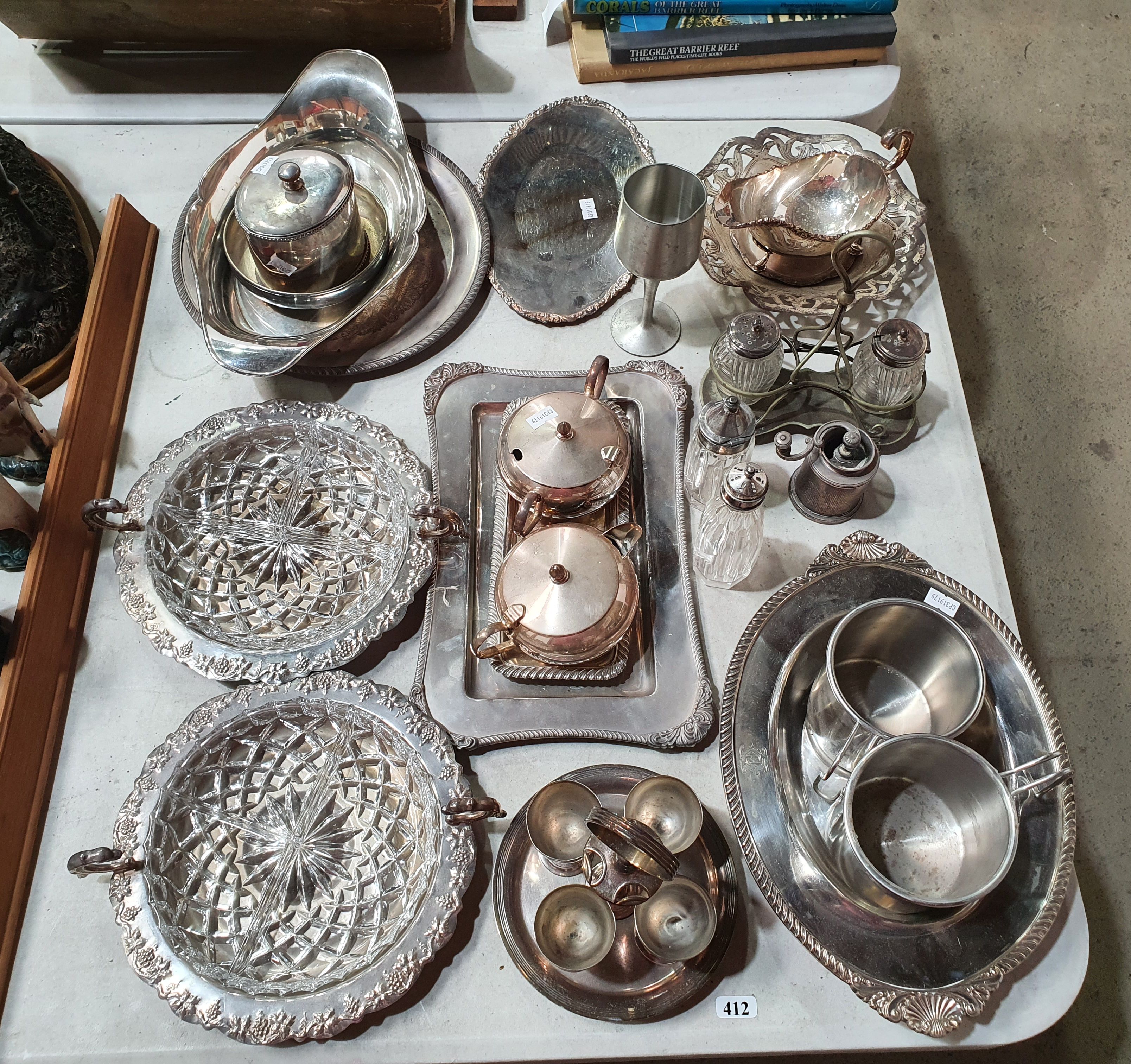 412 · A GROUP OF MOSTLY ELECTROPLATED SILVER WARES