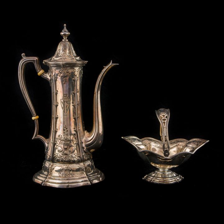 A Gorham sterling coffee pot with assoc sugar basket