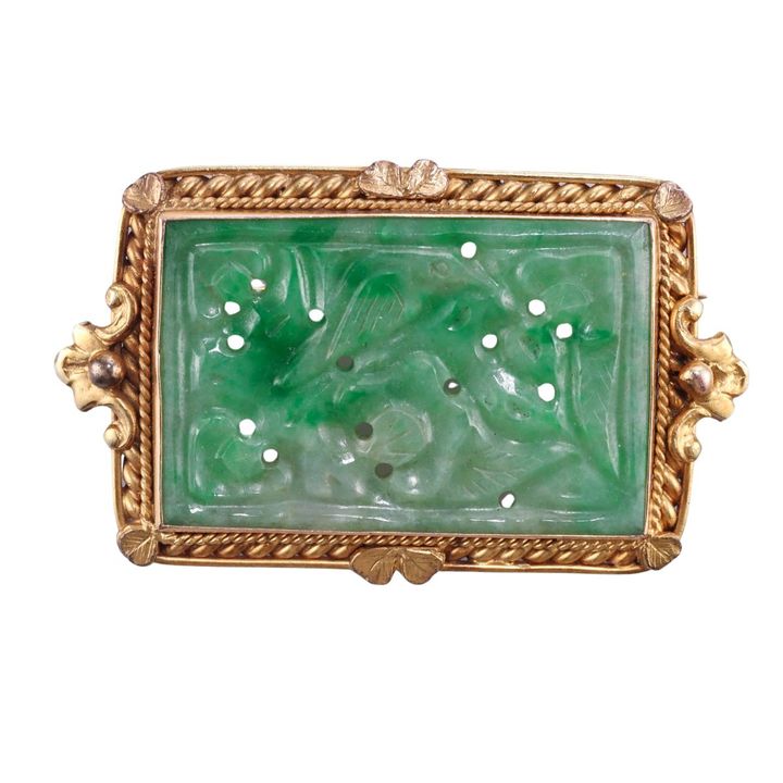 14k Gold Carved Jade Brooch Pin