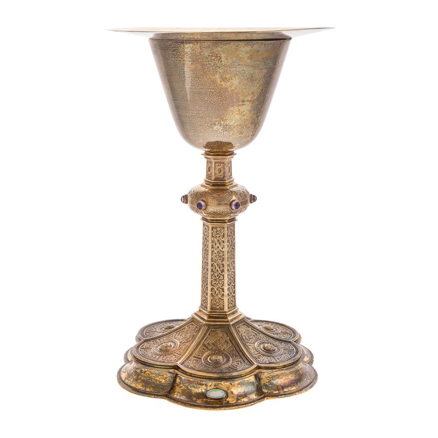 Gold-washed and gem-set sterling chalice & paten