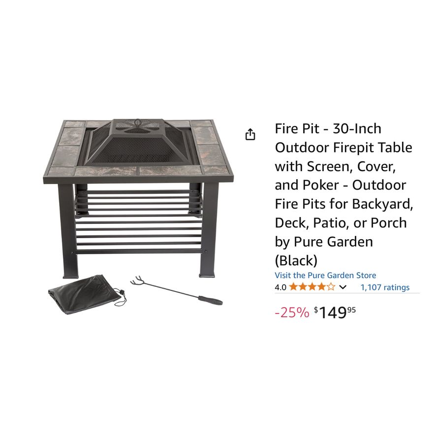 Pure Garden Outdoor Firepit Table w/ Screen, Cover & Poker- Black 30'' D x 30'' W x 26'' H In Box/Not Put Together