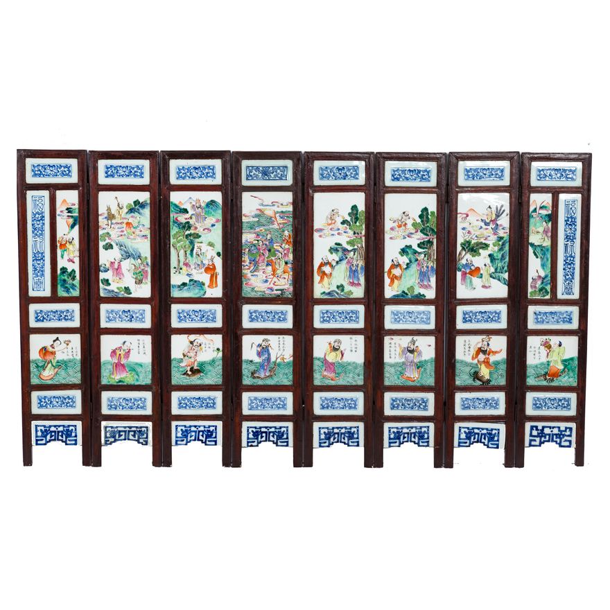 Chinese Famille Rose porcelain/wood screen