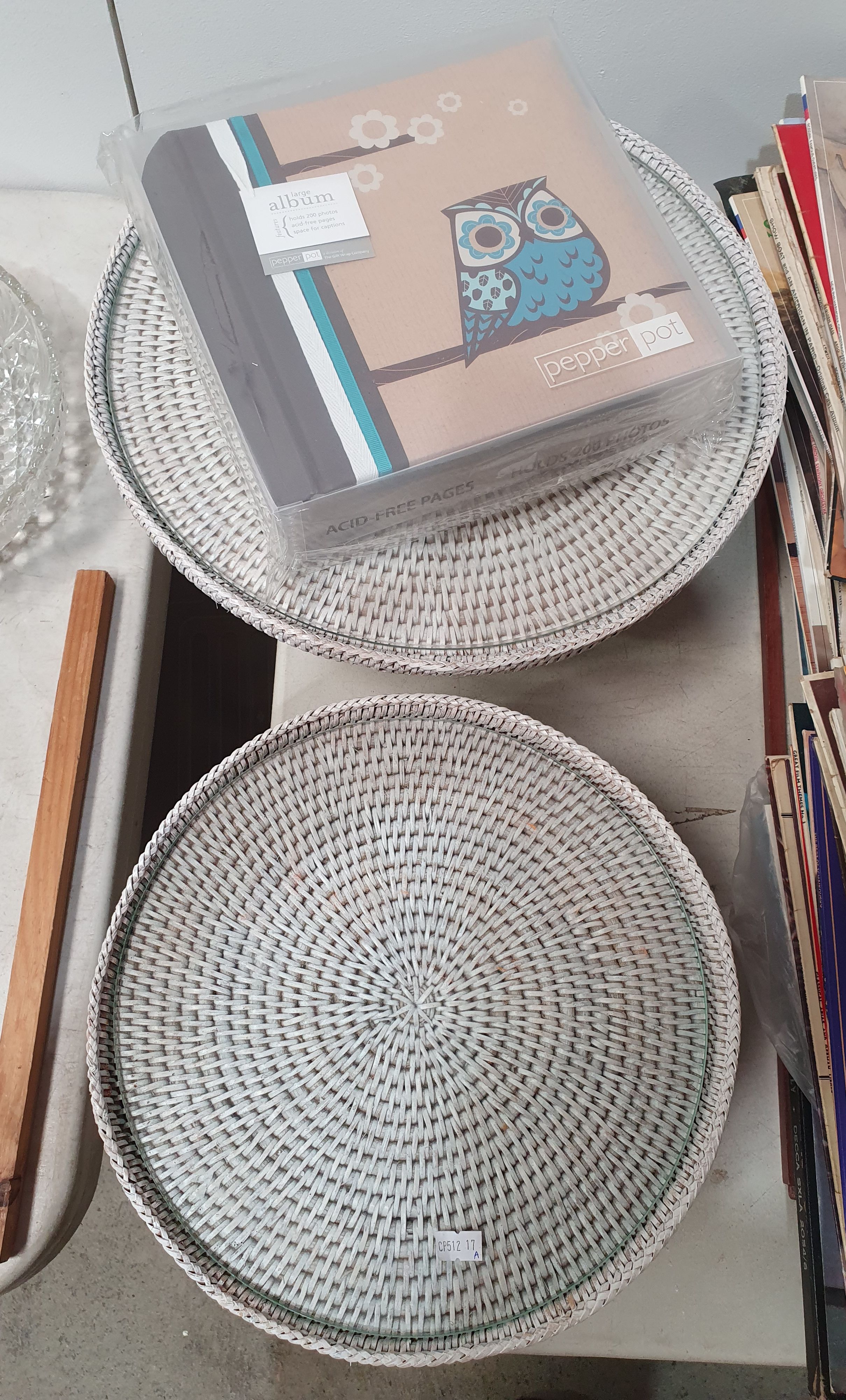 A PAIR OF GRADUATING WHITE WICKER CAKE STANDS