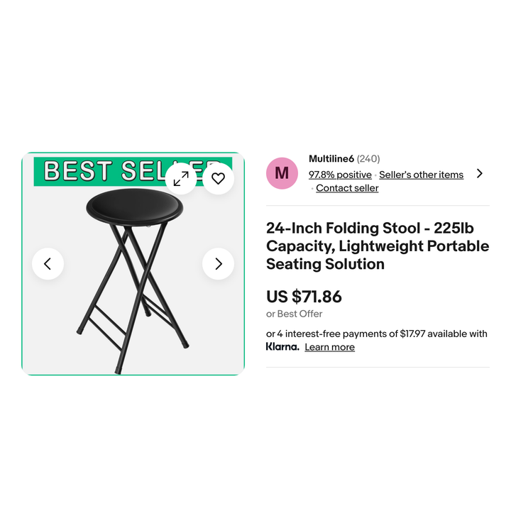 24" Black Folding Stool with 225lb Capacity (12-1/2" x 14-1/4" x 24")