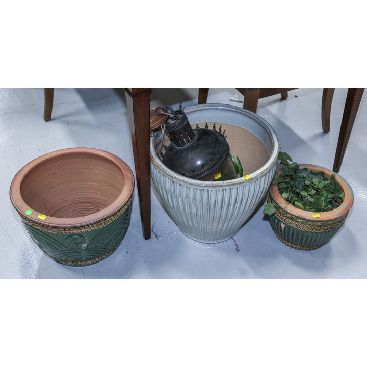 Three Large Garden Urns & Hanging Lantern