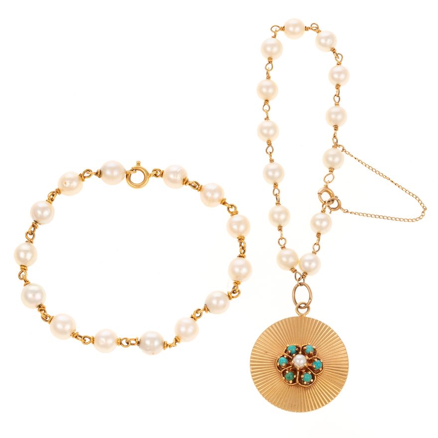 Two Pearl Bracelets; One with Large Charm in 18K