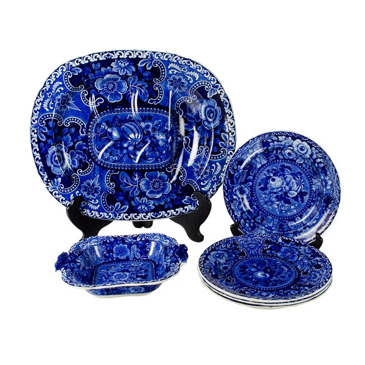 A group of English Stubbs & Kent Staffordshire dark blue transfer decorated pottery in a fruit and flower patterns