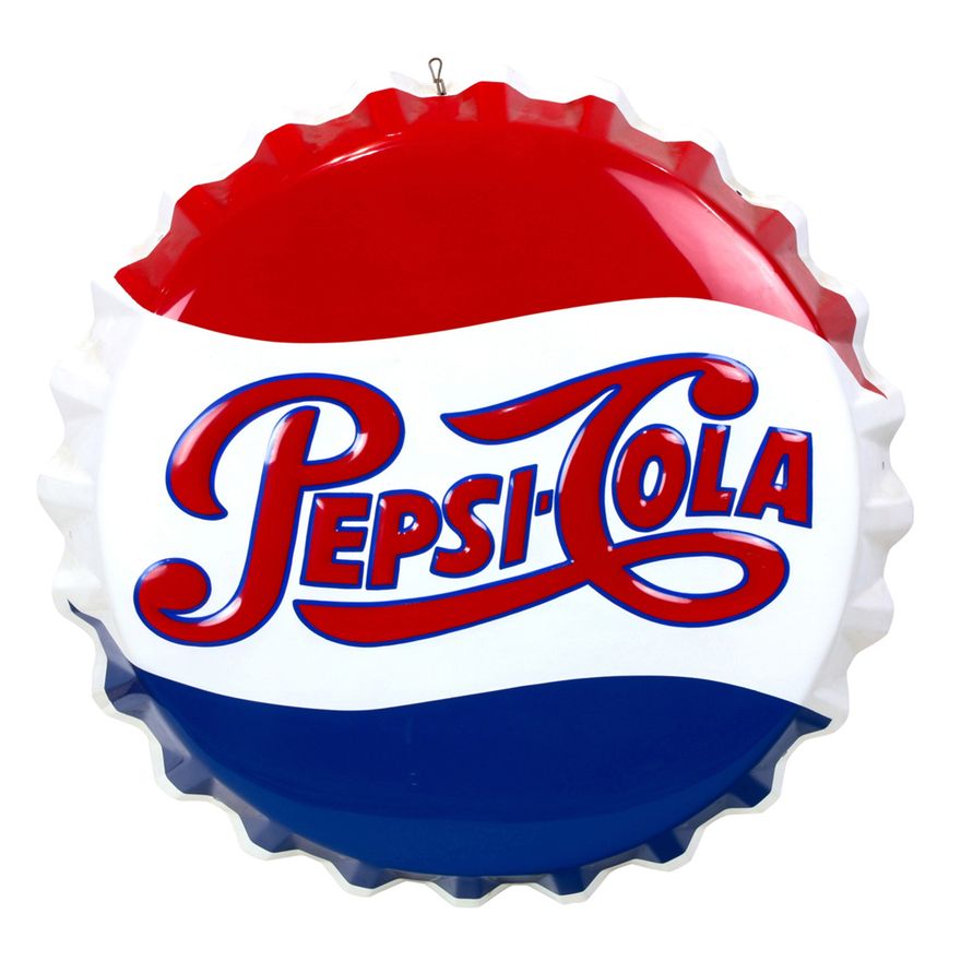 A Pepsi-Cola bottle cap advertising sign
