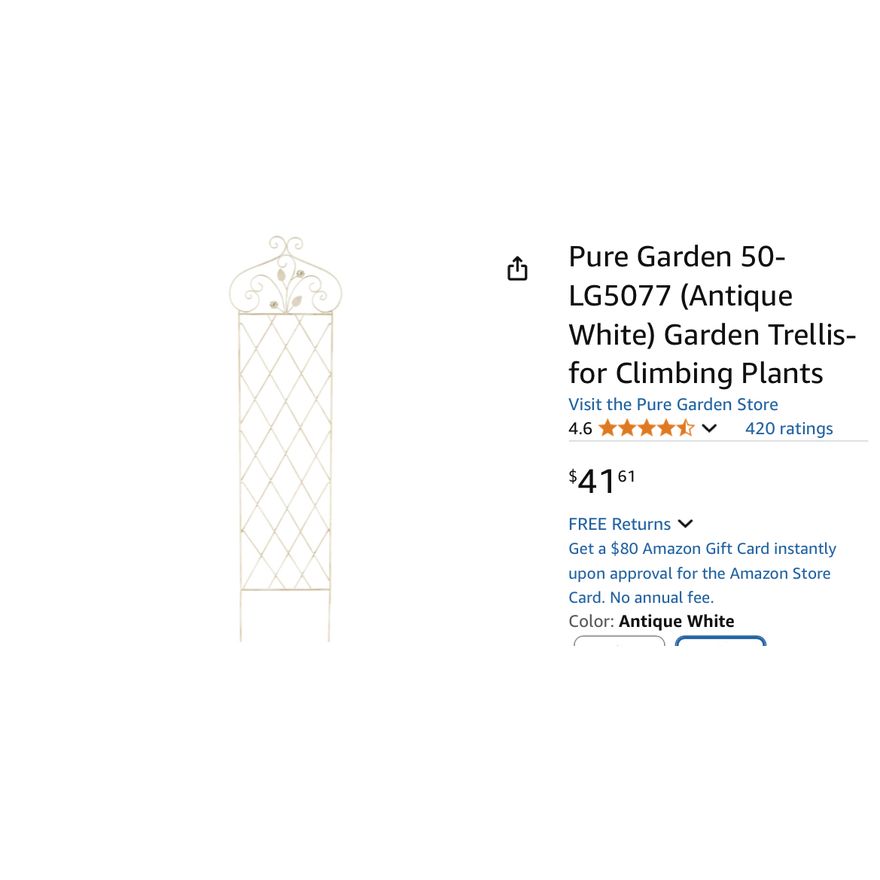 Pure Garden Antique White Garden Trellis For Climbing Plants- 18'' W x 63'' H In Box