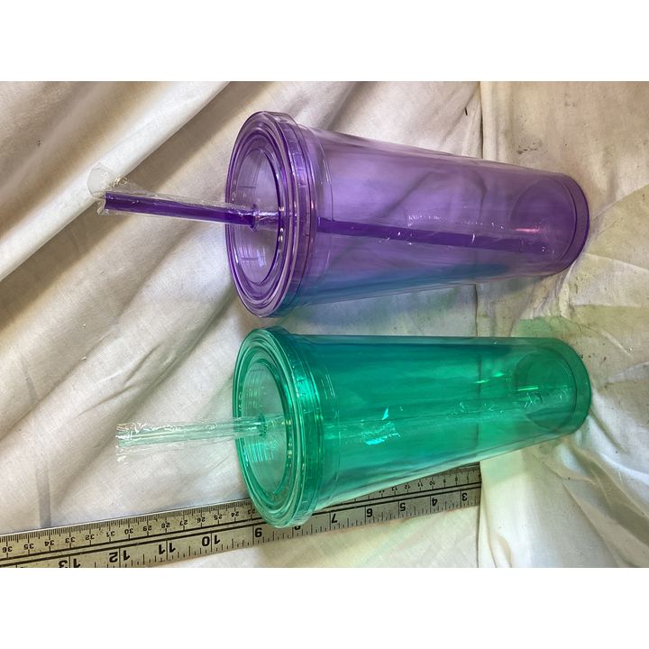 (2) Teal & Purple Tall Cups w/ Lids & Straws