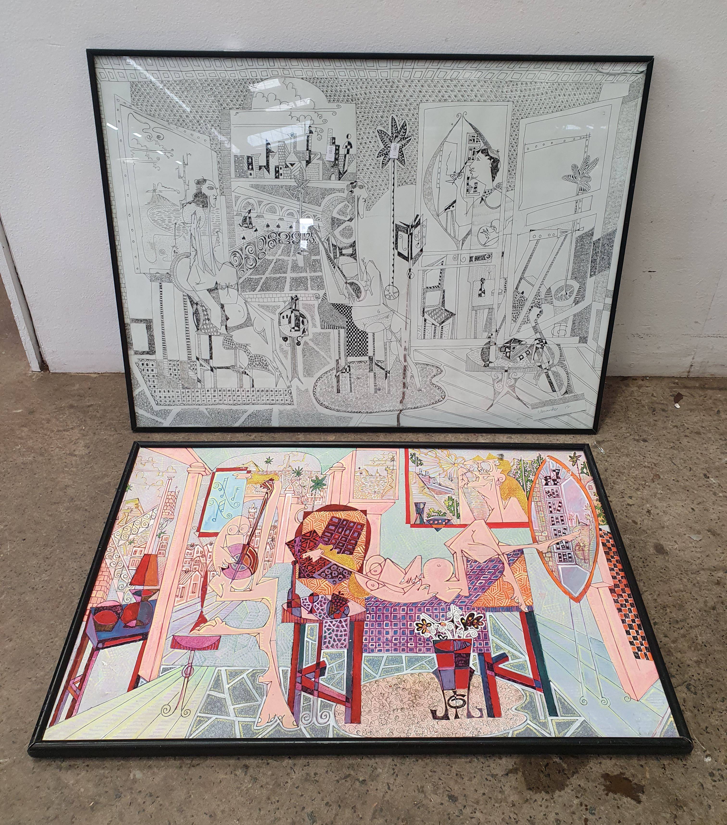 2184 · TWO FRAMED DRAWINGS ON BOARD