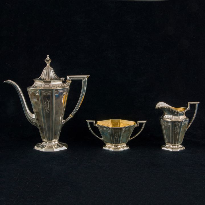 A (3 pc) Gorham Etruscan sterling coffee set, circa 1915