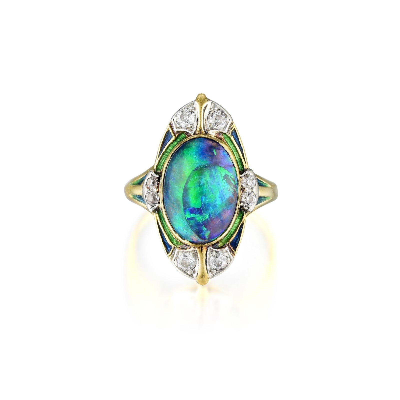 Louis Comfort Tiffany Art Nouveau Black Opal Diamond and Enamel