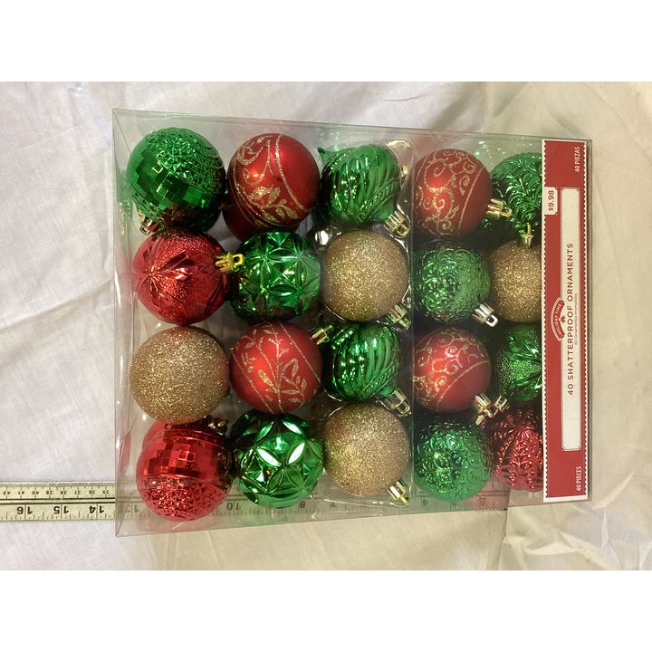 Holiday Time 40 Shatterproof Ornaments. Red, Green & Gold