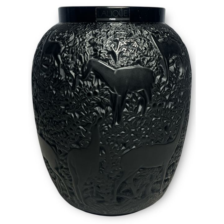 A LALIQUE France "Biches" Black Crystal Vase