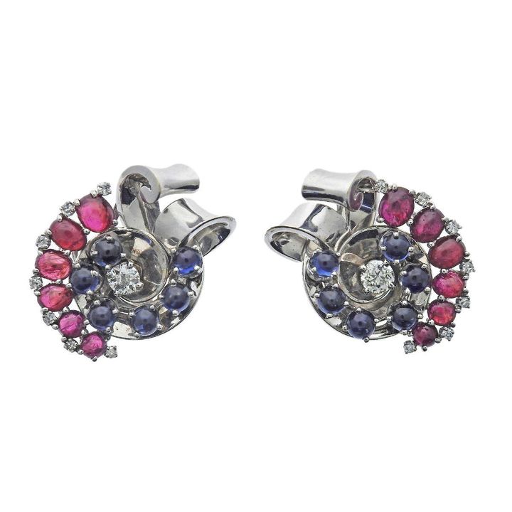 Trabert Hoeffer Mauboussin Retro Gold Ruby Diamond Sapphire Earrings