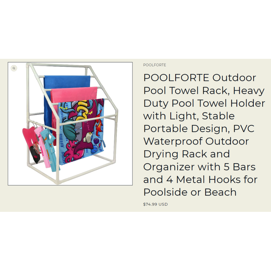 POOLFORTE Outdoor Pool Towel Rack - Weatherproof PVC Acrylic,  5 Bars & 4 Metal Hooks