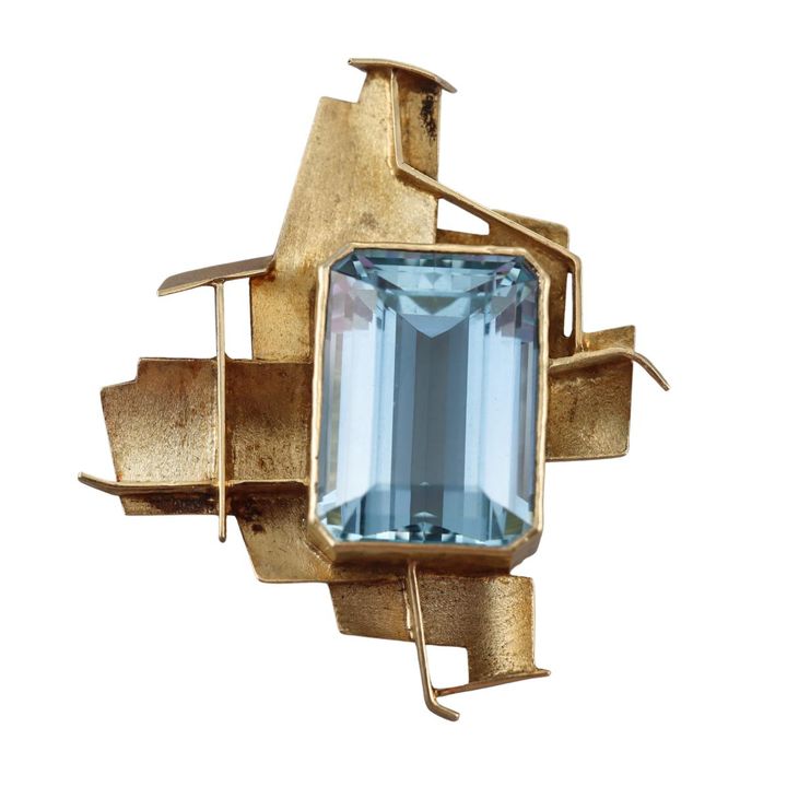 Ed Weiner Modernist 1970s 30ct Aquamarine 14k Gold Brooch
