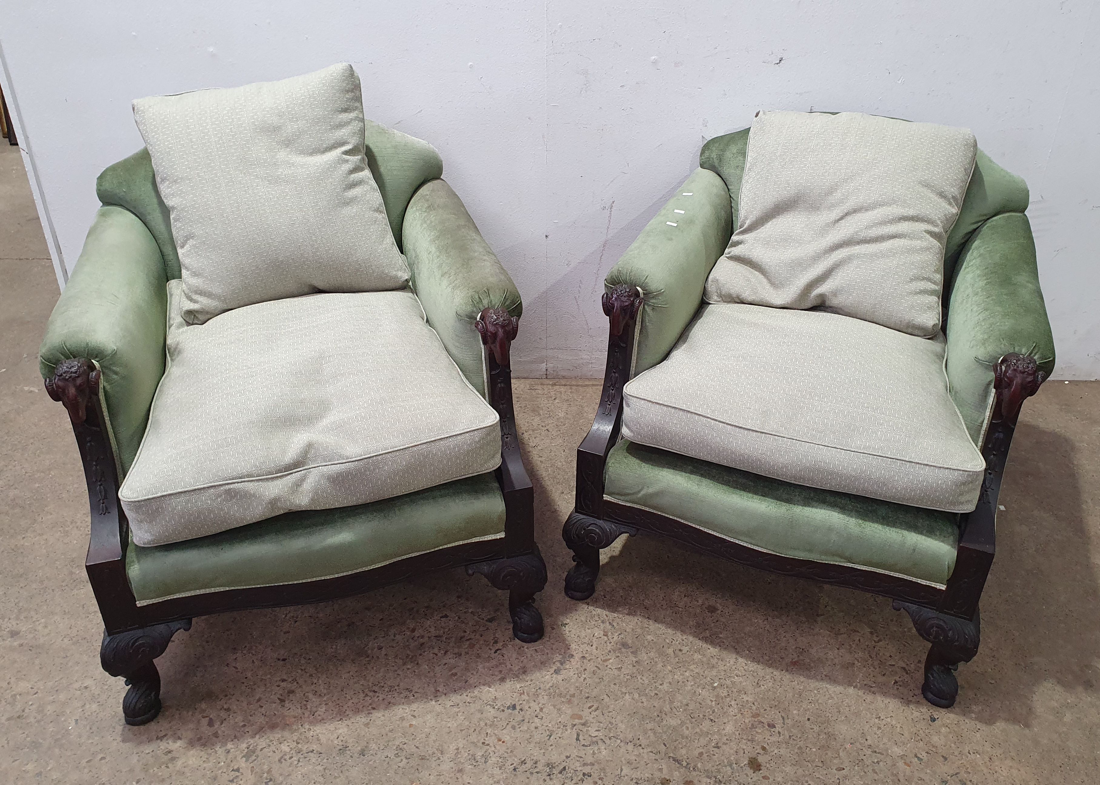 2029 · A PAIR OF CONTINENTAL GREEN VELVET UPHOLSTERED ARMCHAIRS