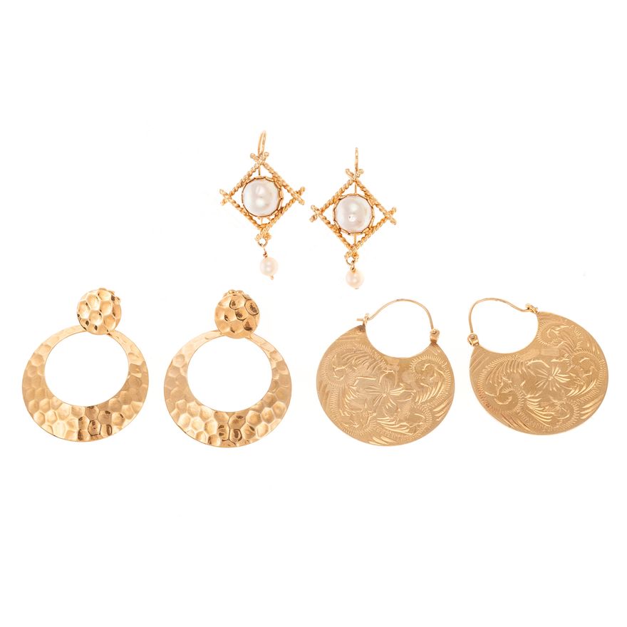 A Trio of Gold Textured Earrings in 14K