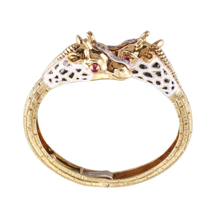 David Webb Gold Platinum Enamel Diamond Ruby Baby Giraffe Bracelet