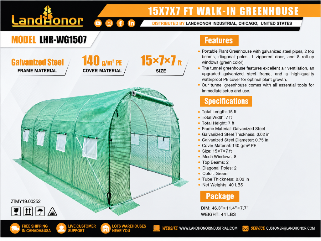 LANDHONOR 15' x 7' x 7' Walk-In Greenhouse, M/N LHR-WG1507, Unused ...