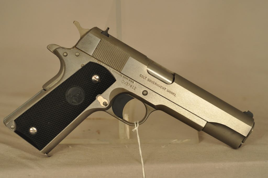 Colt Government Model, .45 acp. cal. auto pistol, Stainless, 5 barrel, 2  mags, Holster, Box