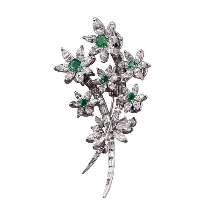 Midcentury Platinum Diamond Emerald En Tremblant Brooch Pin