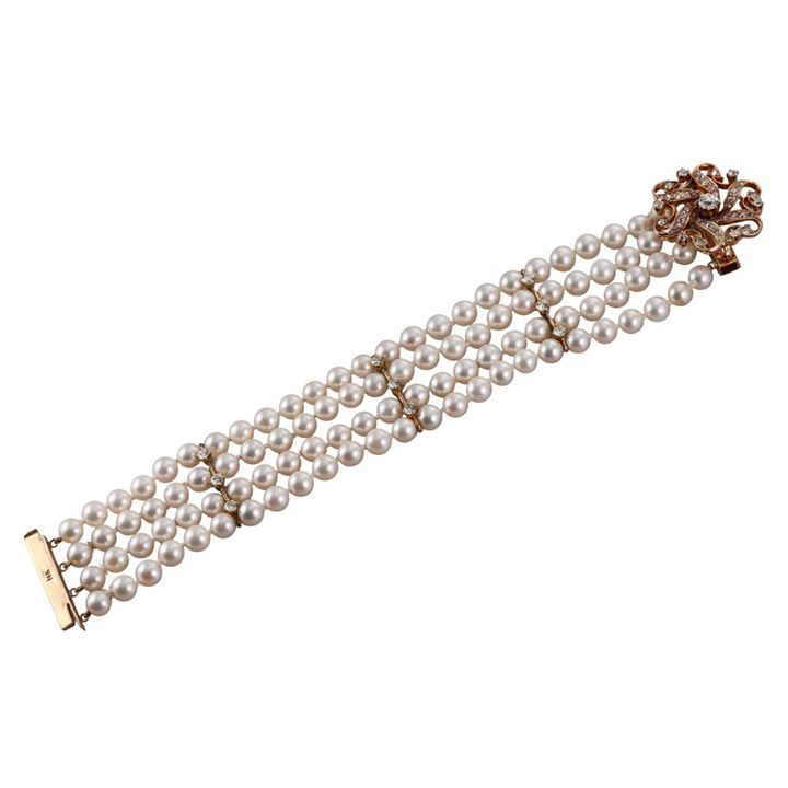 1960s 14k Gold Diamond Pearl Bracelet