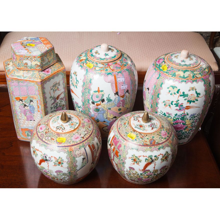Five Modern Chinese Famille Rose Porcelain Jars