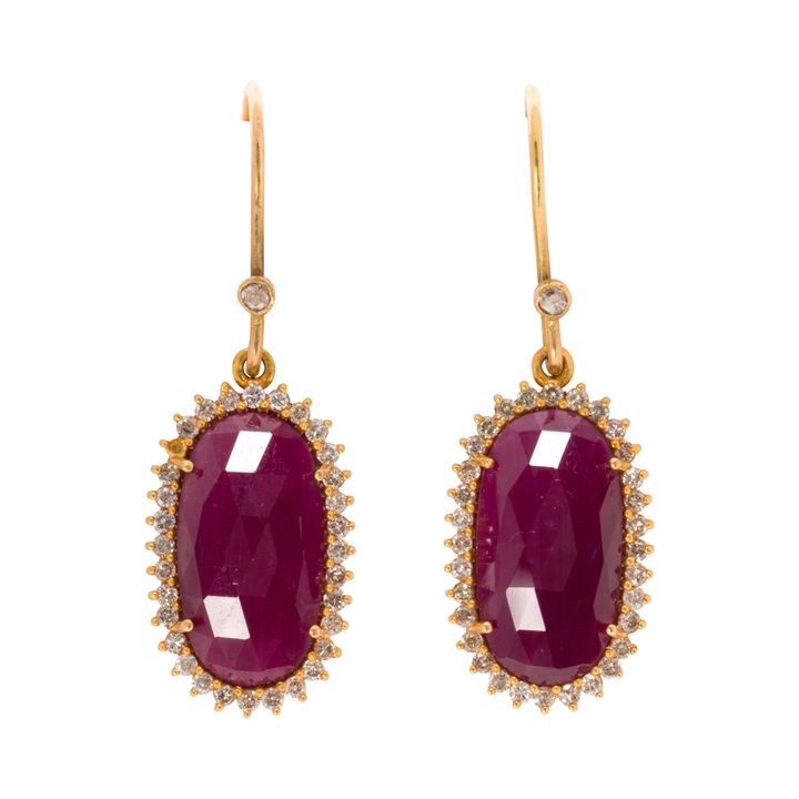 A pair of ruby, diamond and 14k gold earrings