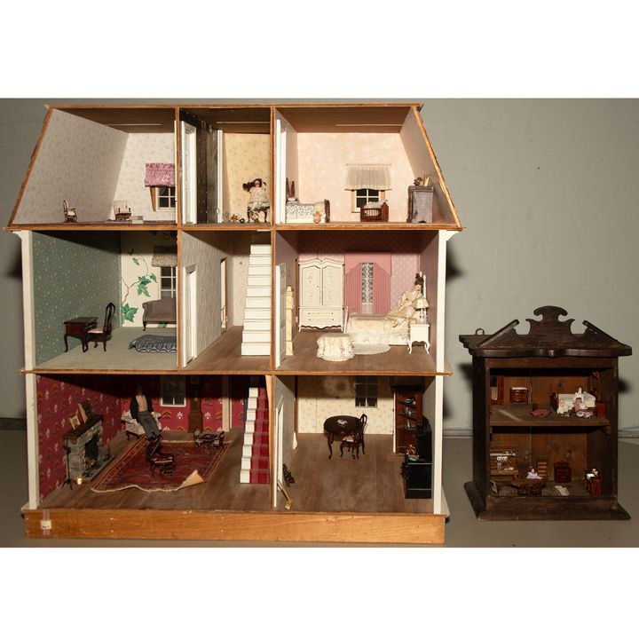 Vintage Colonial Dollhouse & a Mounted Wall Dollhouse