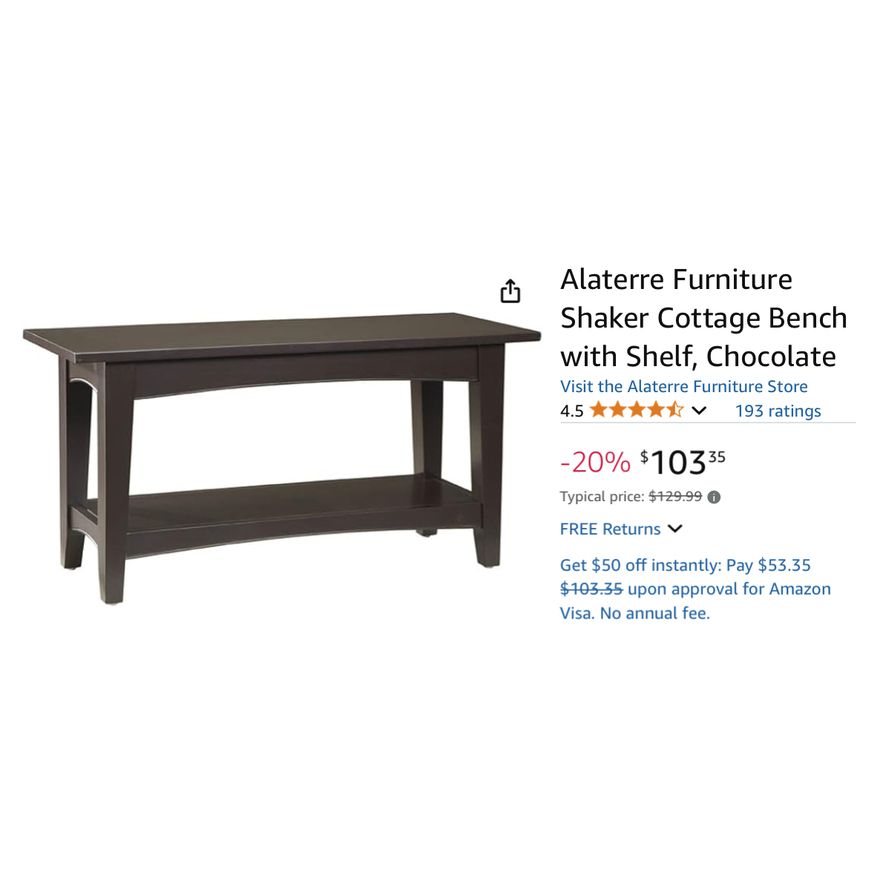 Alaterre Furniture Shaker Cottage Bench w/ Shelf, Chocolate Color- 36'' W x 14'' D x 18'' H In Box