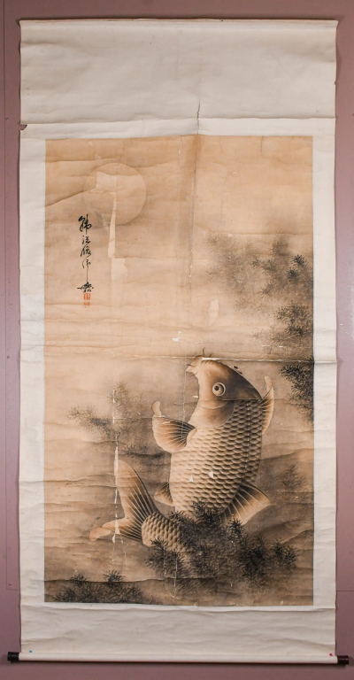 水墨画額　色紙　「花港観魚図　吴青霞」　紙本　肉筆保証 吳松(?) 鯉魚水墨紙本掛軸| Stunning Arts Gallery & Auction Inc