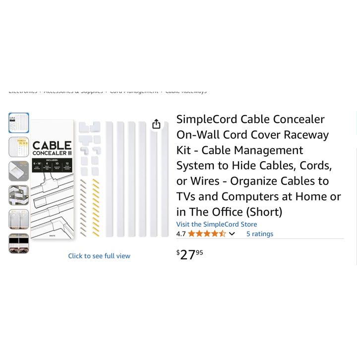 Simple Cord Cable Concealer On Wall Cord Covers Raceway Kit- Short, White, 96'' L x 1.13'' W