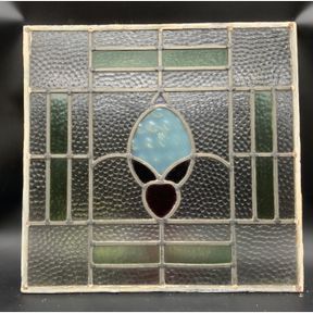 20" SQUARE STAINED AND LEADED GLASS WINDOW INSERT.