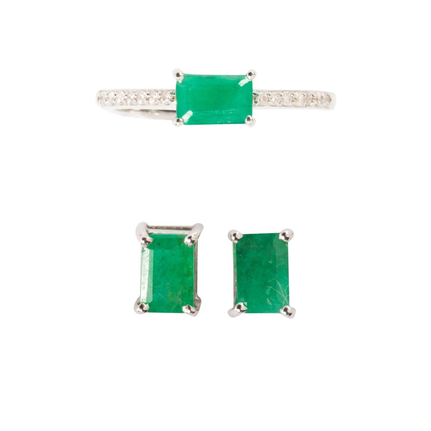 A group of emerald, diamond and fourteen karat white gold jewelry