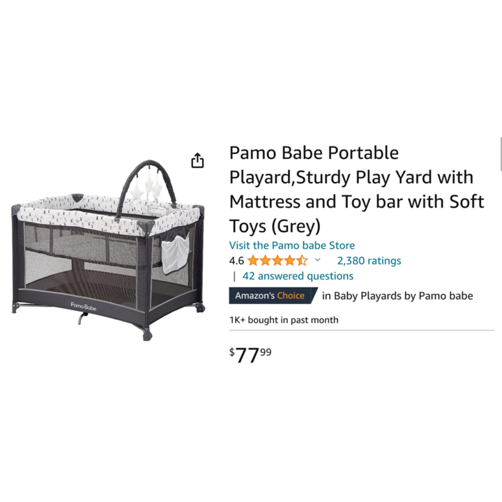 Pamo Babe Portable PlayYard w/ Mattress And Toy Bar w/ Soft Toys (Grey)