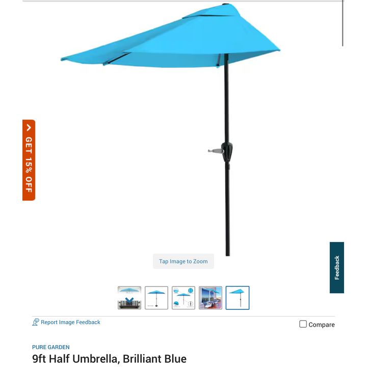 Pure Garden 9 ft Half Umbrella- Brilliant Blue, 52'' L x 92'' W x 9' H In Box
