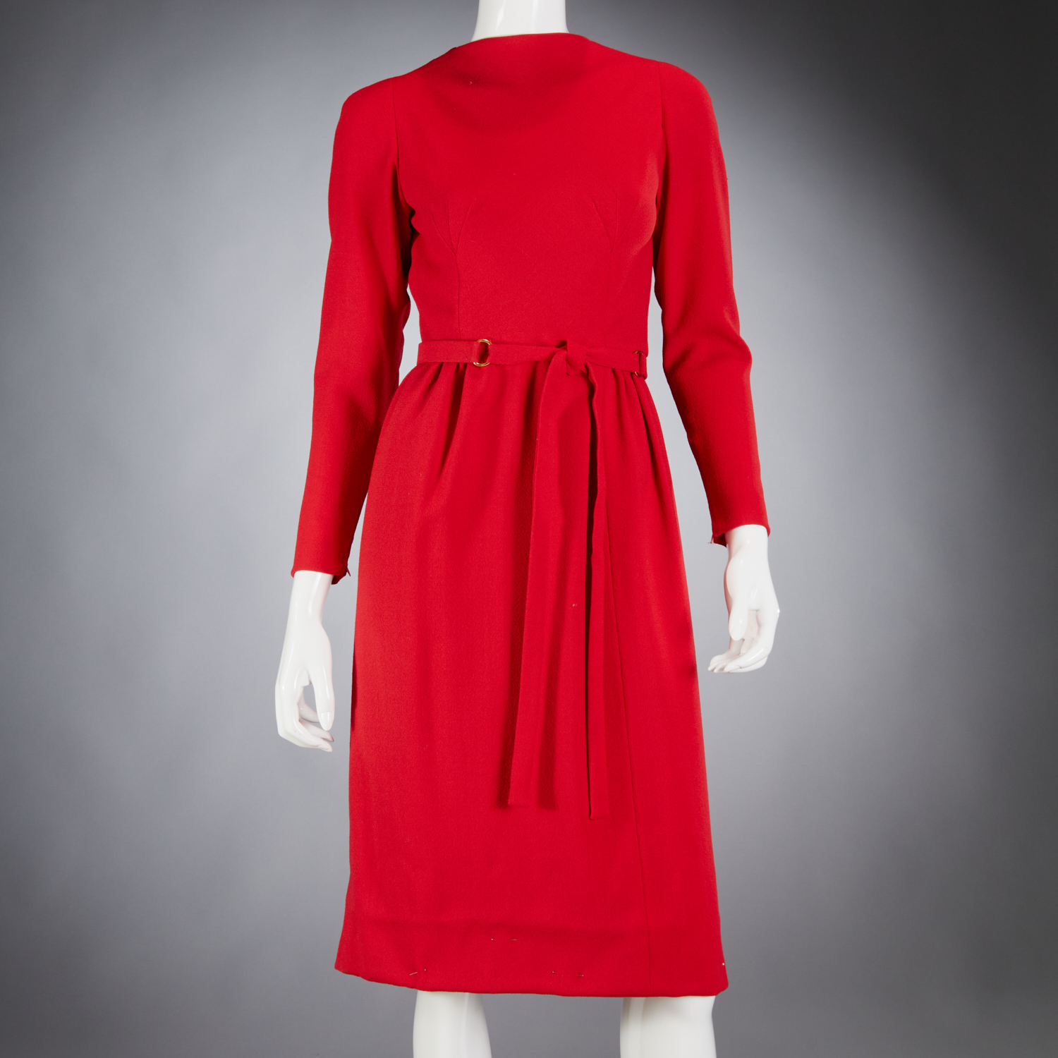 Pauline Trigere Red Wool Belted Dress Millea Brothers