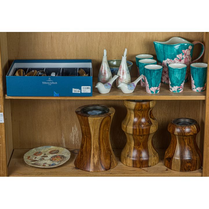 Assembled group including candle holders, stainless flatware & Italian pottery