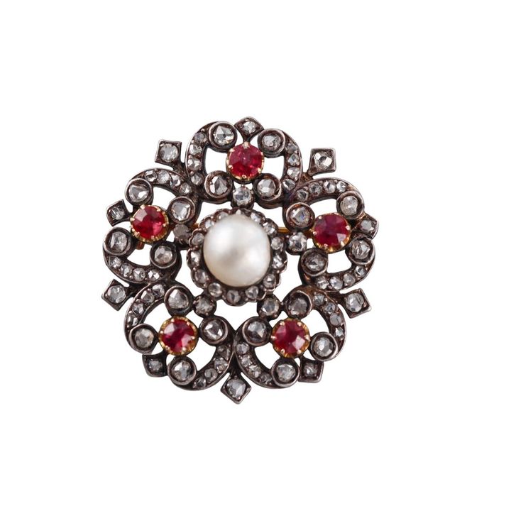 Continental Victorian Natural Pearl Diamond Ruby Brooch