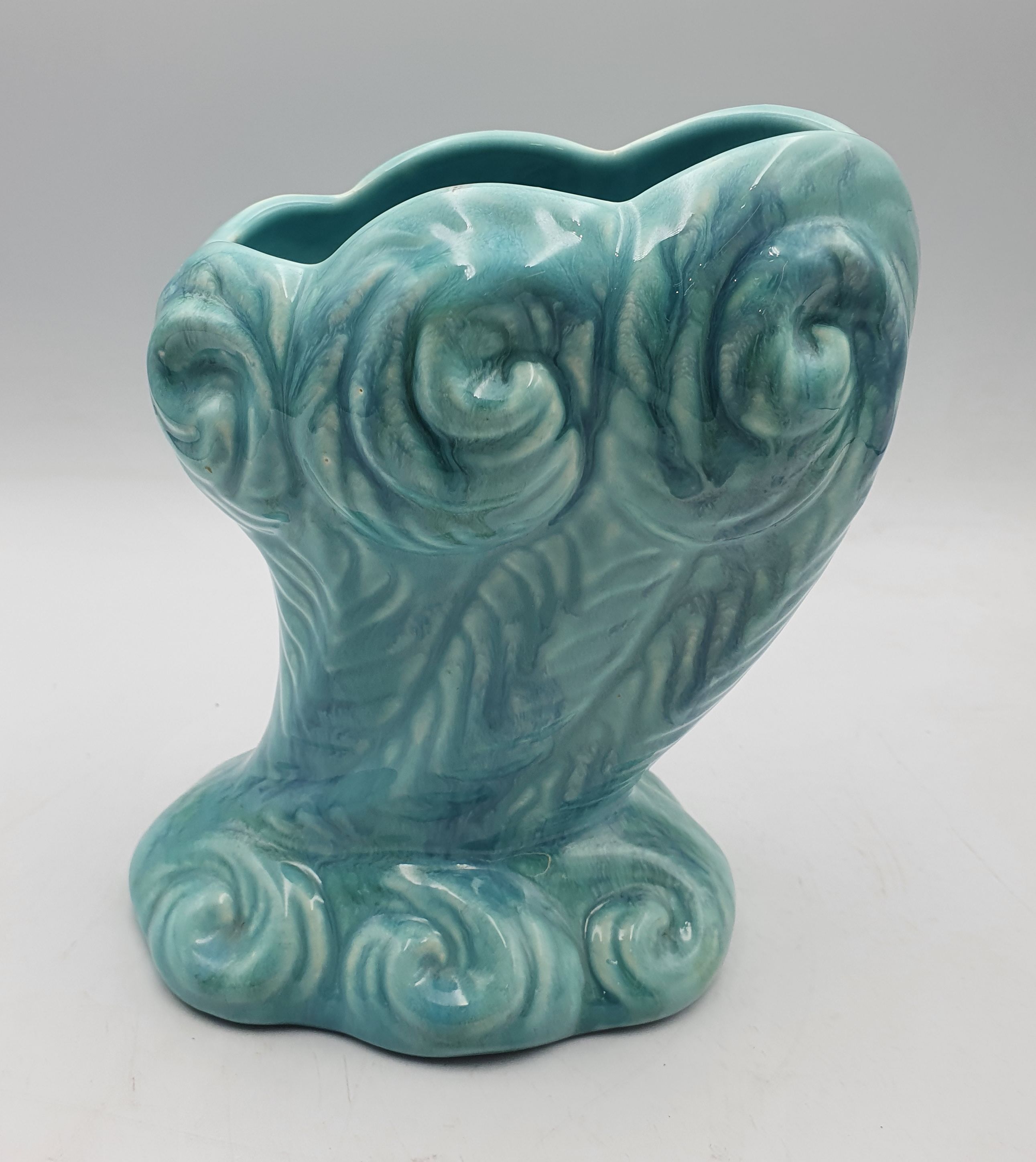 118 · AN MCP TEAL CORNUCOPIA VASE